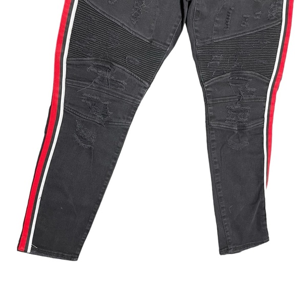 Preme Men’s Black 42x34 Devotion Moto Distressed Skinny Jean Red White Stripes - Picture 3 of 13